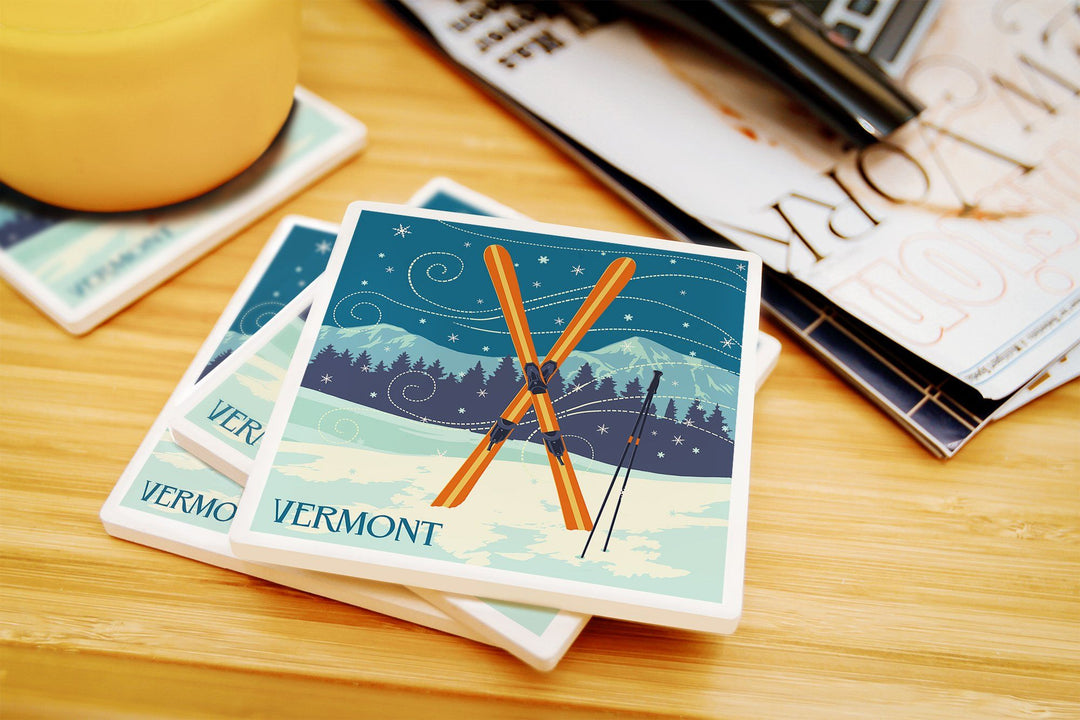 Vermont, Crossed Skis, Letterpress, Lantern Press Artwork, Coaster Set Coasters Lantern Press 