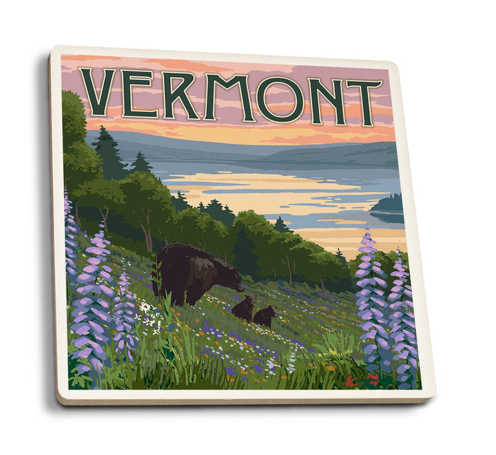 Vermont, Lake & Bear Family, Lantern Press Artwork, Coaster Set Coasters Lantern Press 