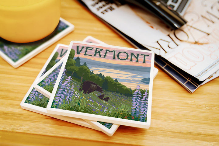 Vermont, Lake & Bear Family, Lantern Press Artwork, Coaster Set Coasters Lantern Press 