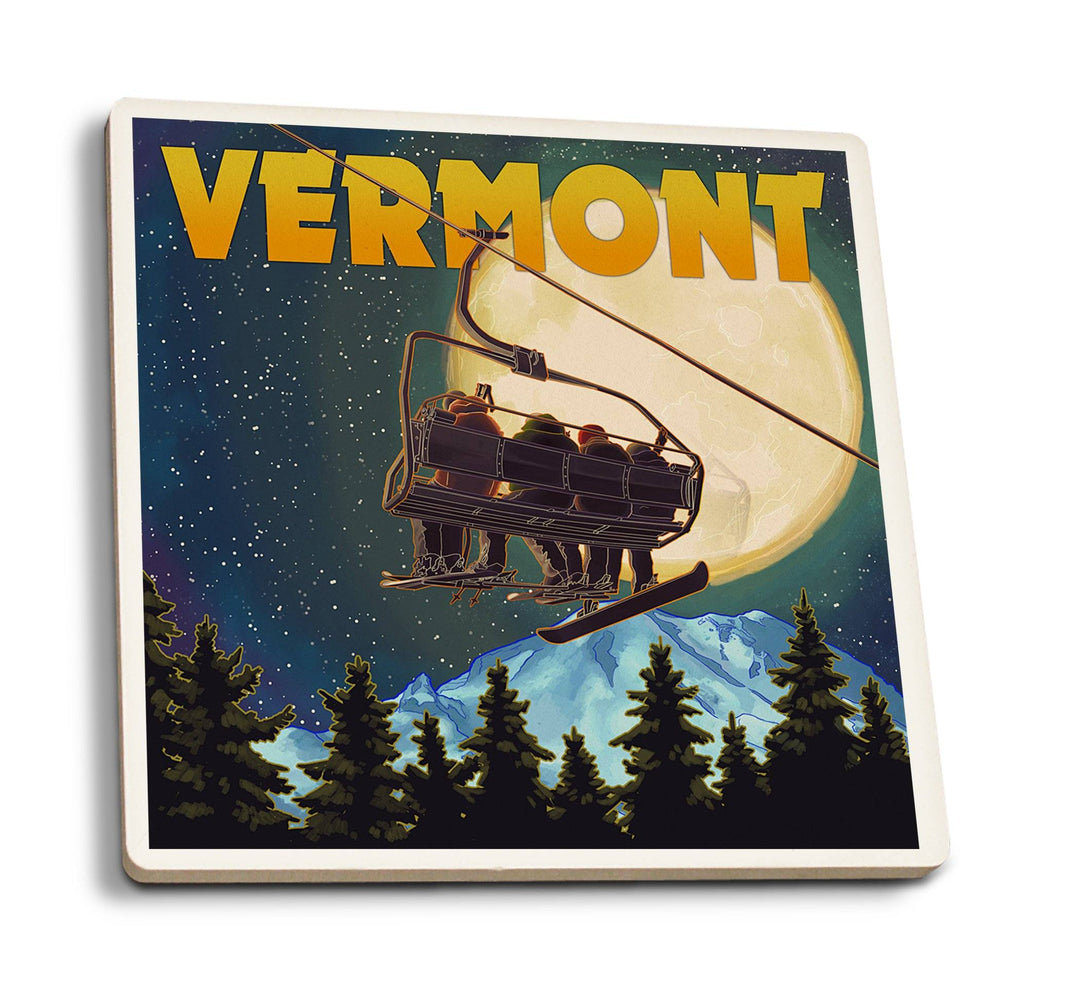 Vermont, Ski Lift & Full Moon, Lantern Press Artwork, Coaster Set Coasters Lantern Press 