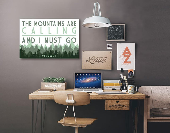 Vermont, The Mountains Are Calling, Pine Trees, Lantern Press Artwork, Stretched Canvas Canvas Lantern Press 