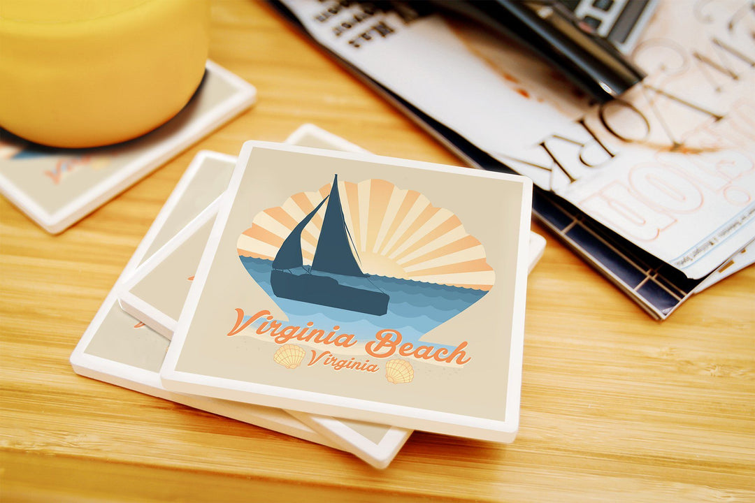 Virginia Beach, Virginia, Beach Scene with Rays & Sailboat, Contour, Lantern Press Artwork, Coaster Set Coasters Lantern Press 
