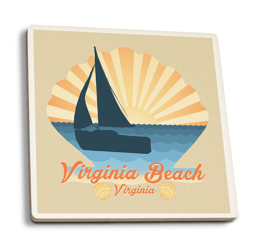 Virginia Beach, Virginia, Beach Scene with Rays & Sailboat, Contour, Lantern Press Artwork, Coaster Set Coasters Lantern Press 
