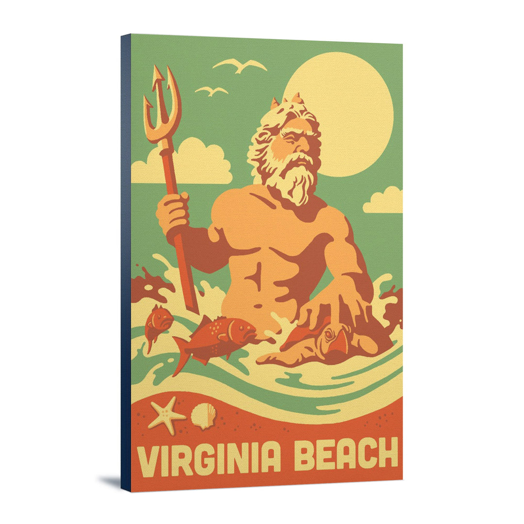 Virginia Beach, Virginia, King Neptune Statue, Retro Beach, Lantern Press Artwork, Stretched Canvas Canvas Lantern Press 12x18 Stretched Canvas 