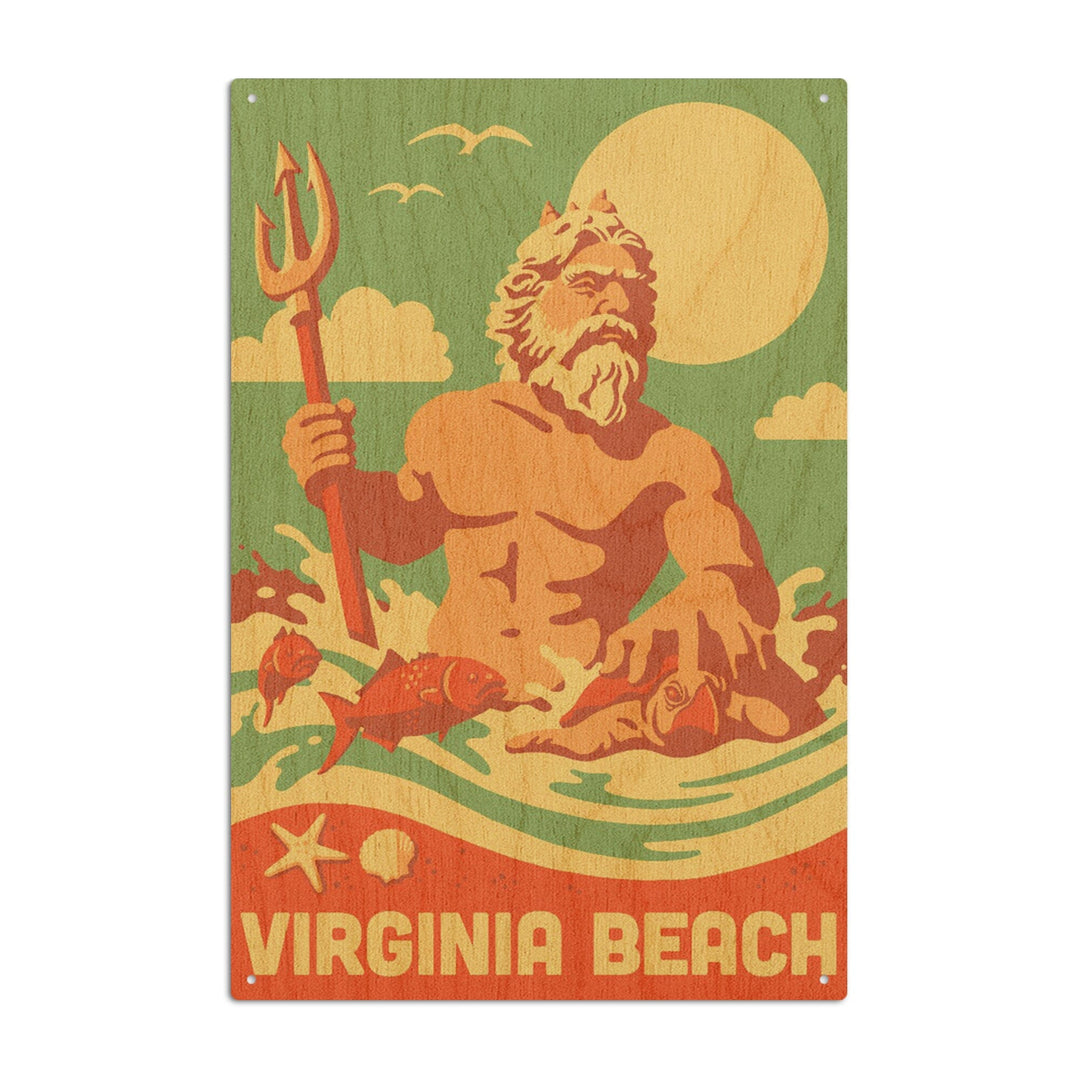 Virginia Beach, Virginia, King Neptune Statue, Retro Beach, Lantern Press Artwork, Wood Signs and Postcards Wood Lantern Press 10 x 15 Wood Sign 
