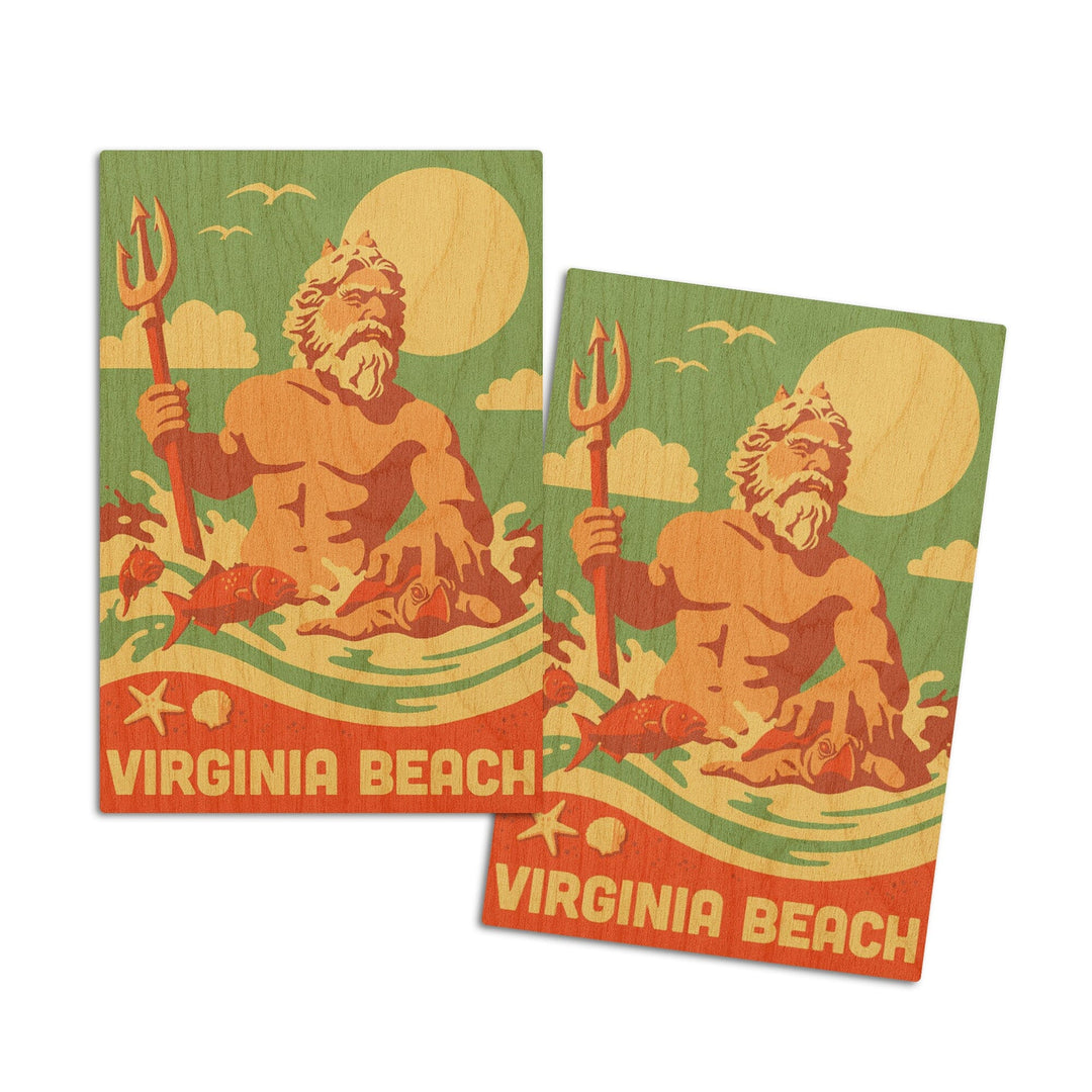 Virginia Beach, Virginia, King Neptune Statue, Retro Beach, Lantern Press Artwork, Wood Signs and Postcards Wood Lantern Press 4x6 Wood Postcard Set 