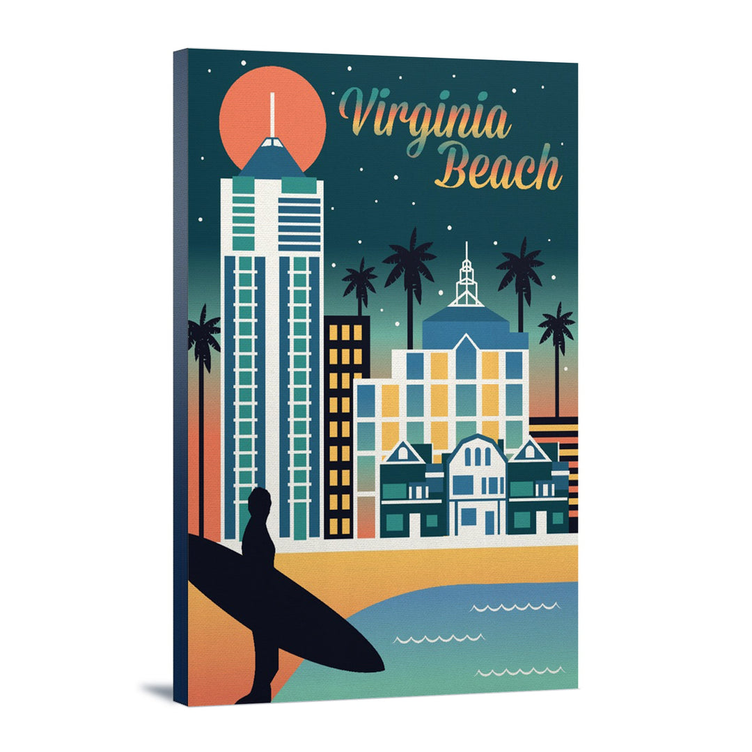 Virginia Beach, Virginia, Retro Skyline Chromatic Series, Lantern Press Artwork, Stretched Canvas Canvas Lantern Press 12x18 Stretched Canvas 