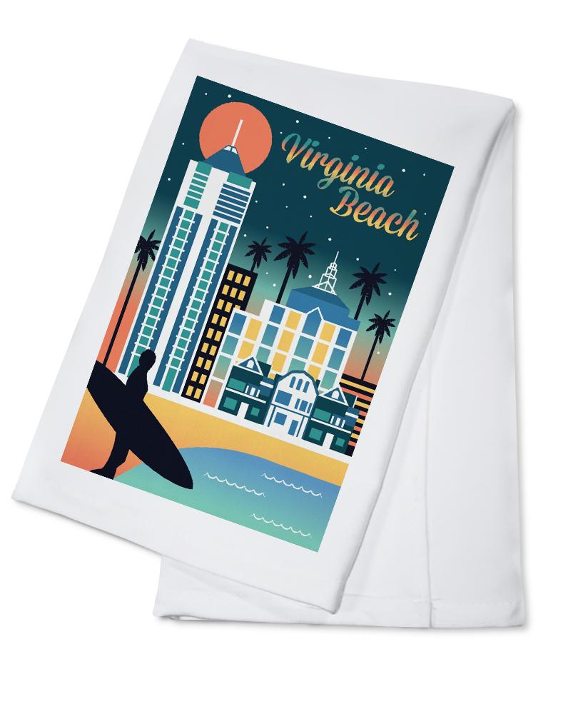 Virginia Beach, Virginia, Retro Skyline Chromatic Series, Lantern Press Artwork, Towels and Aprons Kitchen Lantern Press Cotton Towel 