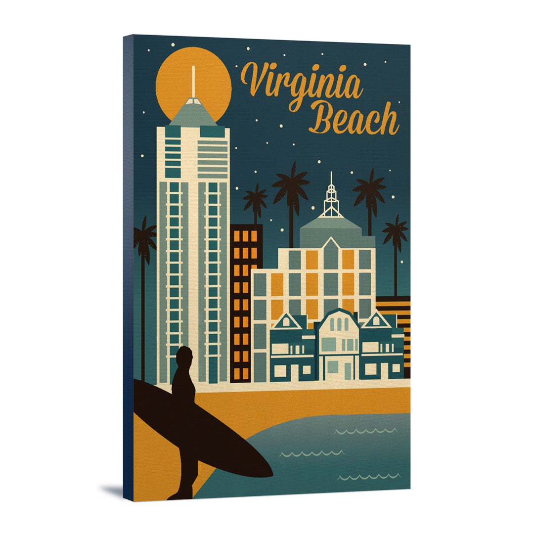 Virginia Beach, Virginia, Retro Skyline Classic Series, Lantern Press Artwork, Stretched Canvas Canvas Lantern Press 12x18 Stretched Canvas 