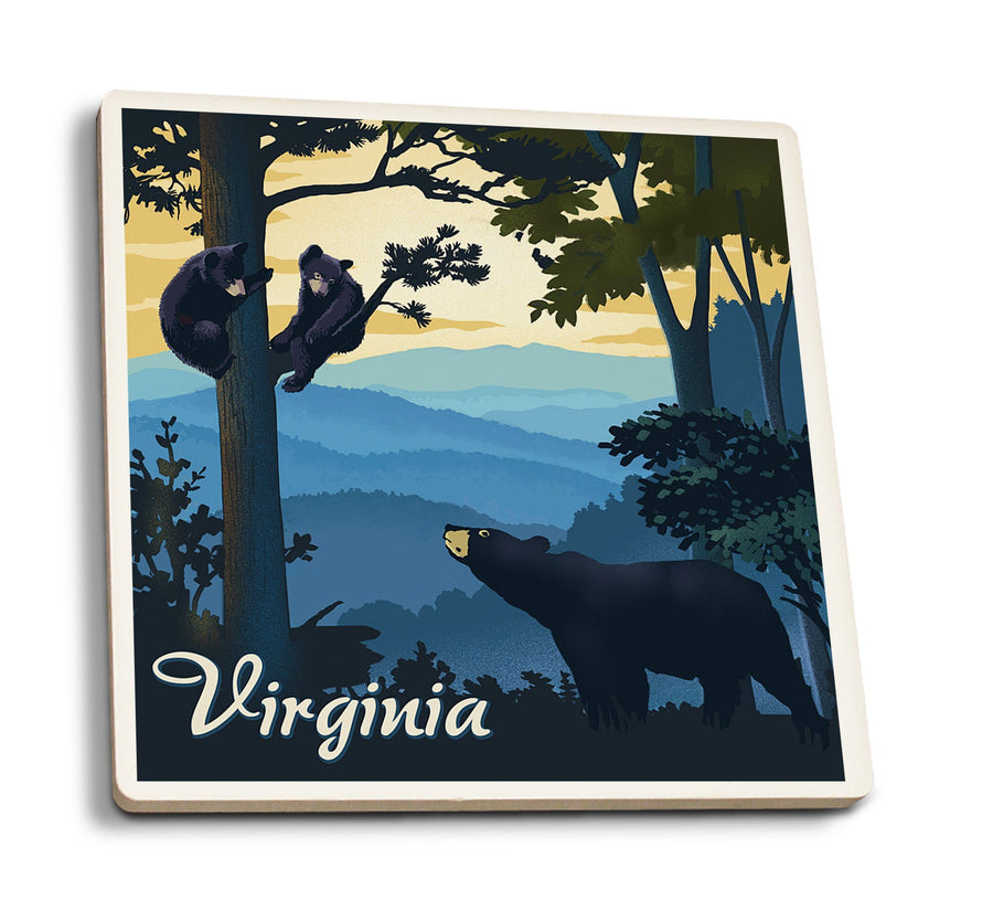 Virginia, Black Bears, Lithograph, Lantern Press Artwork, Coaster Set Coasters Lantern Press 