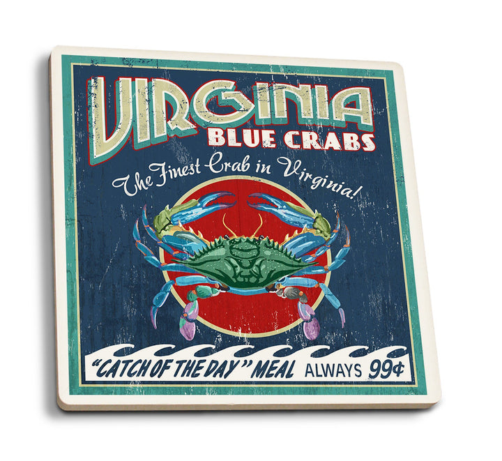 Virginia, Blue Crabs Vintage Sign, Lantern Press Artwork, Coaster Set Coasters Lantern Press 