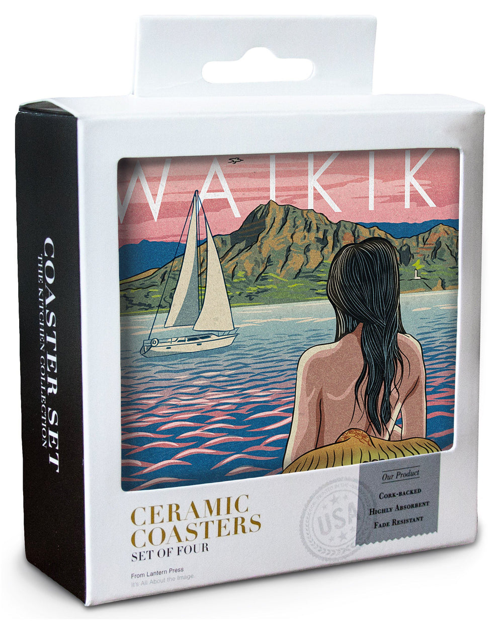 Waikiki, Hawaii, Mermaid Japanese Woodblock, Lantern Press Artwork, Coaster Set Coasters Lantern Press 