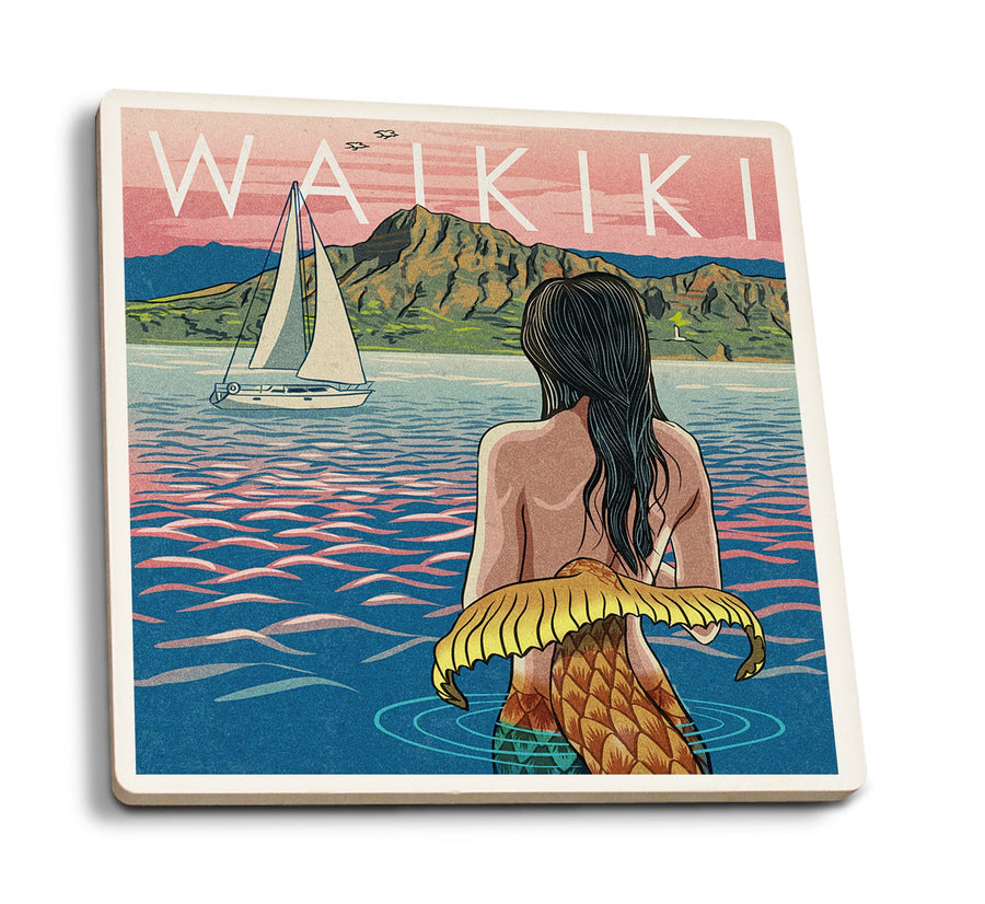 Waikiki, Hawaii, Mermaid Japanese Woodblock, Lantern Press Artwork, Coaster Set Coasters Lantern Press 