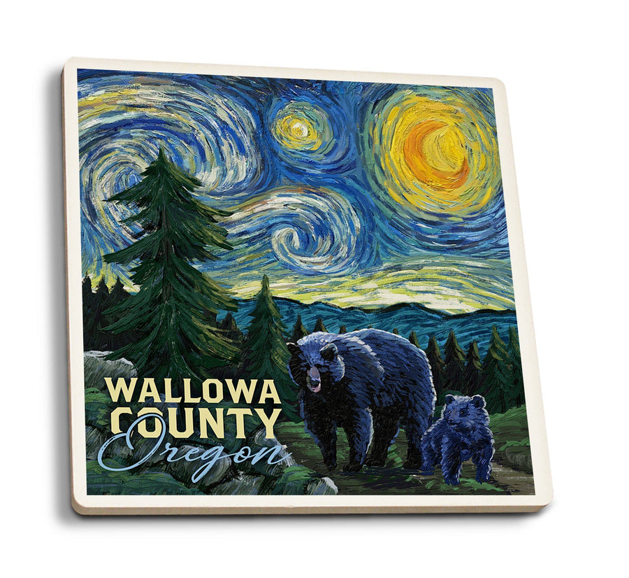 Wallowa Lake, Oregon, Bear, Starry Night, Lantern Press Artwork, Coaster Set Coasters Lantern Press 