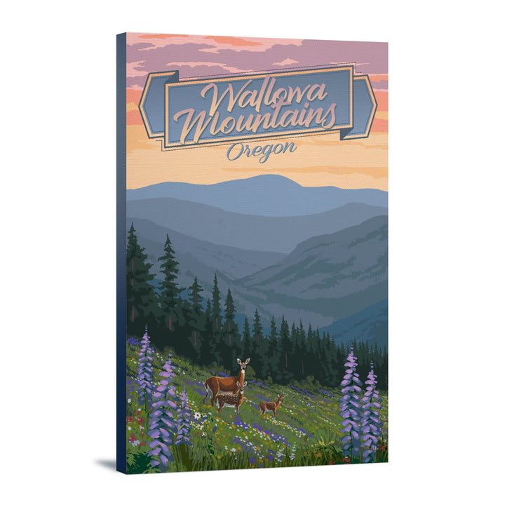 Wallowa Mountains, Oregon, Deer & Spring Flowers, Lantern Press Artwork, Stretched Canvas Canvas Lantern Press 12x18 Stretched Canvas 