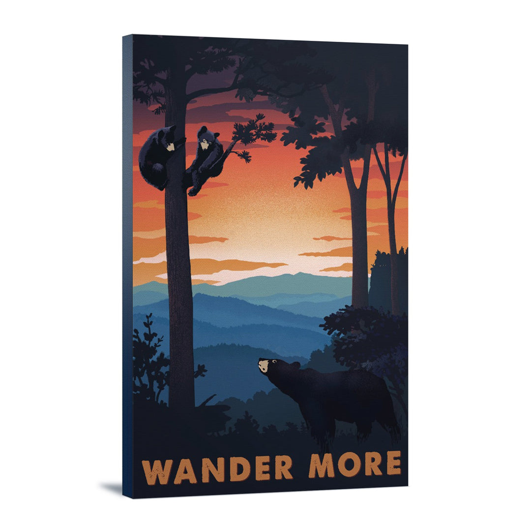 Wander More Collection, Bear Family At Sunset, Lantern Press Artwork, Stretched Canvas Canvas Lantern Press 12x18 Stretched Canvas 
