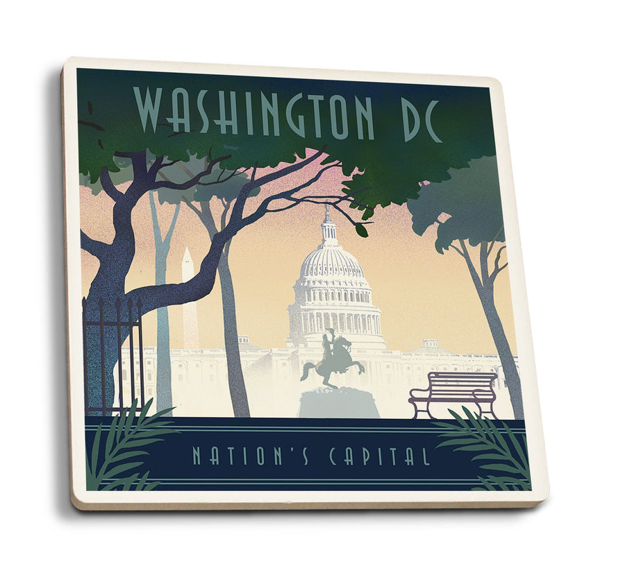 Washington, DC, Nation's Capitol, Lithograph, Lantern Press Artwork, Coaster Set Coasters Lantern Press 
