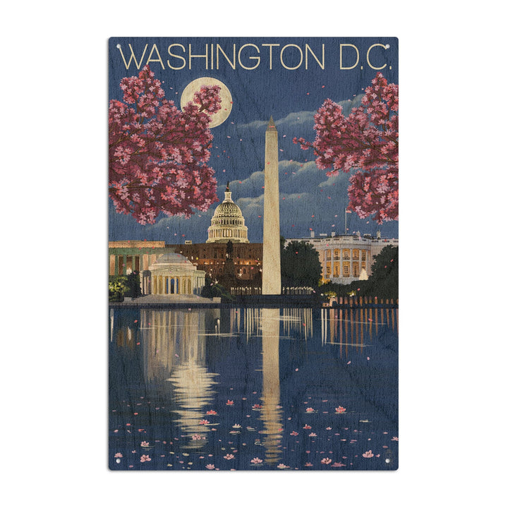 Washington, DC, Night Scene, Lantern Press Artwork, Wood Signs and Postcards Wood Lantern Press 10 x 15 Wood Sign 