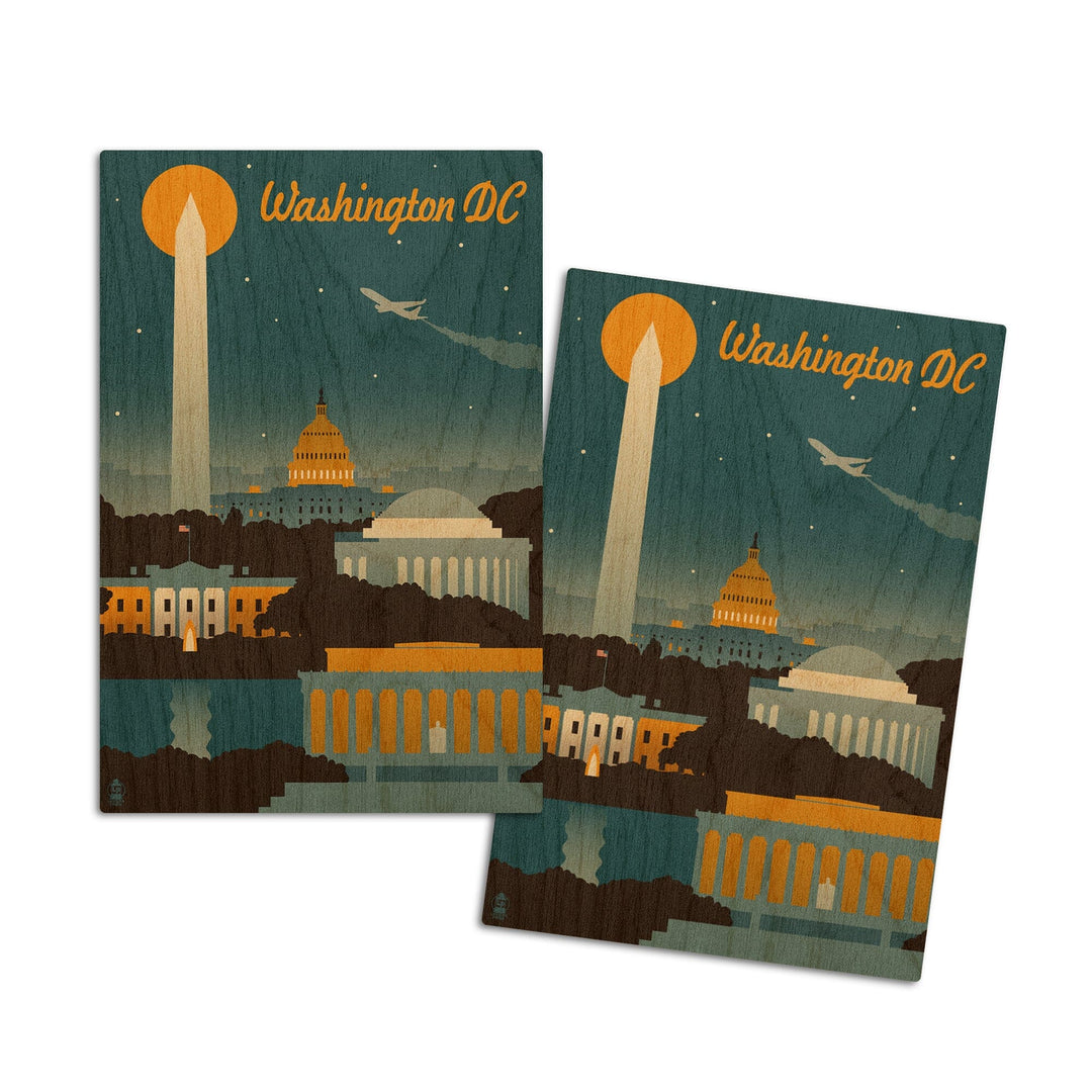 Washington, DC, Retro Skyline, Lantern Press Artwork, Wood Signs and Postcards Wood Lantern Press 4x6 Wood Postcard Set 
