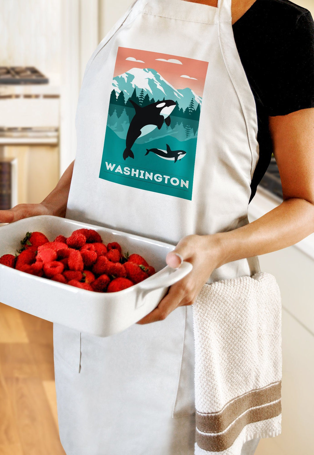 Washington, Orca Whale & Calf, Go Freestyle, Lantern Press Artwork, Towels and Aprons Kitchen Lantern Press 