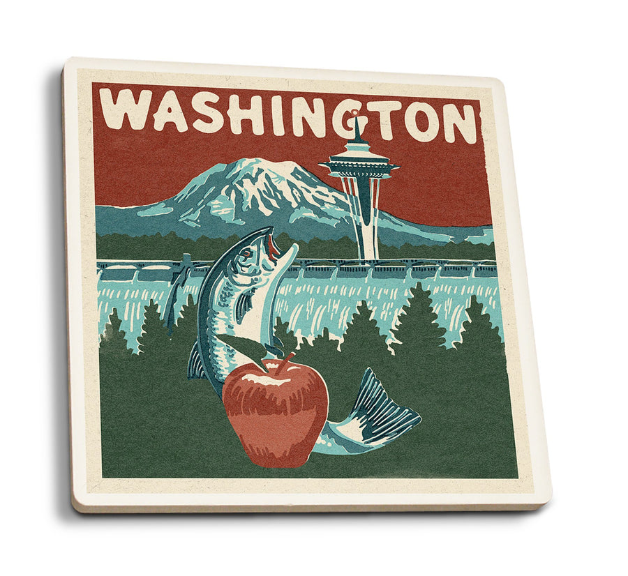 Washington State, Woodblock, Lantern Press Artwork, Coaster Set Coasters Lantern Press 
