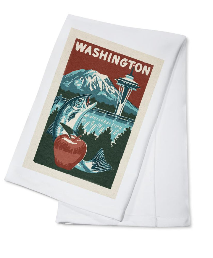 Washington State, Woodblock, Lantern Press Artwork, Towels and Aprons Kitchen Lantern Press Cotton Towel 