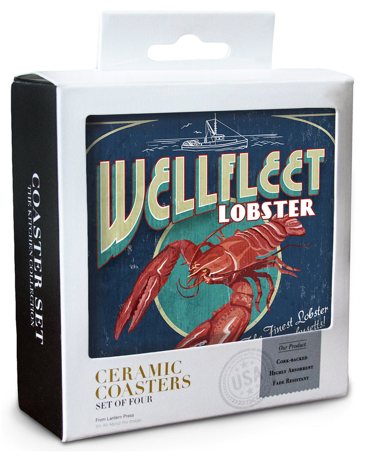 Wellfleet, Massachusetts, Lobster Vintage Sign, Lantern Press Artwork, Coaster Set Coasters Lantern Press 