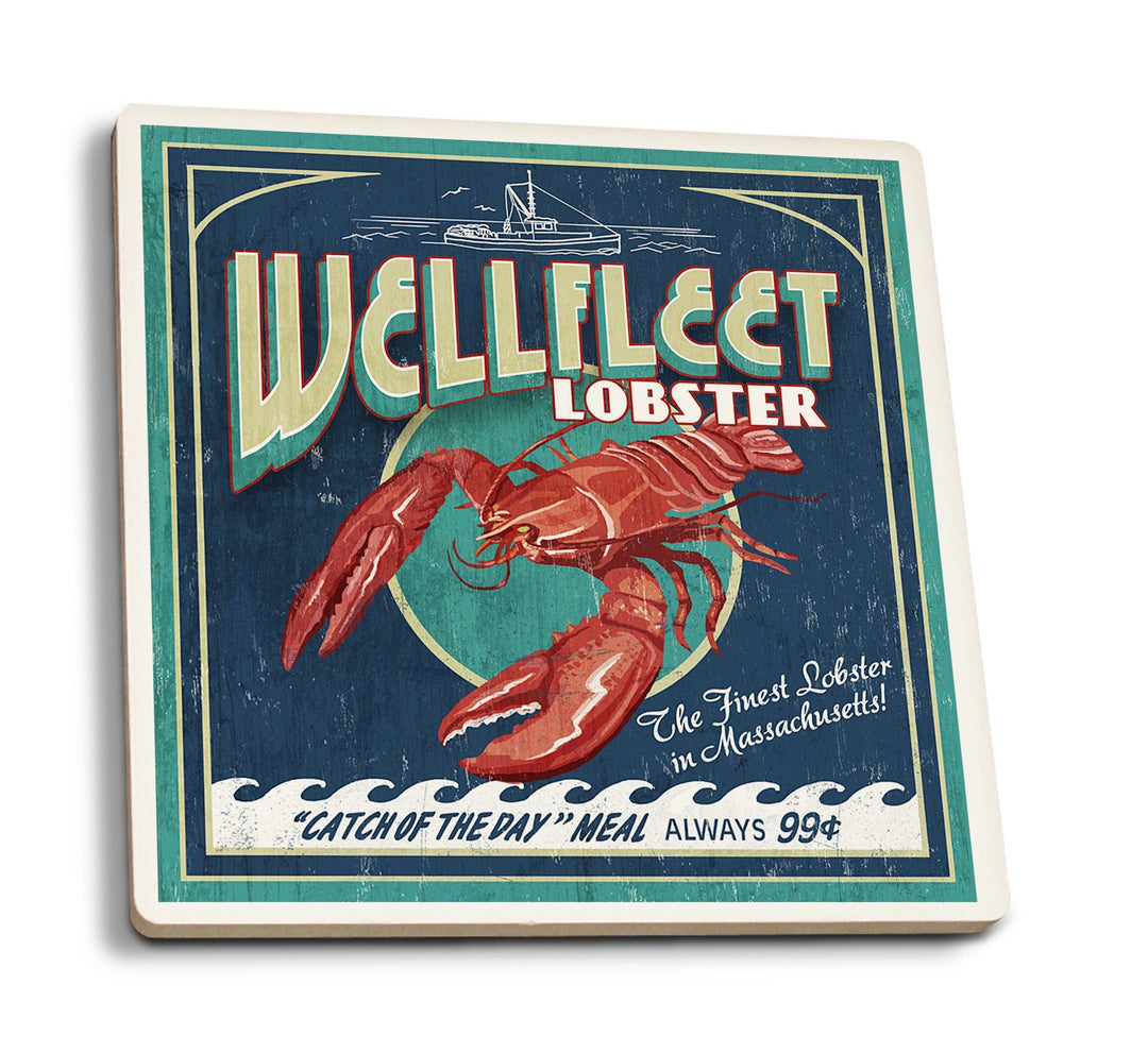 Wellfleet, Massachusetts, Lobster Vintage Sign, Lantern Press Artwork, Coaster Set Coasters Lantern Press 
