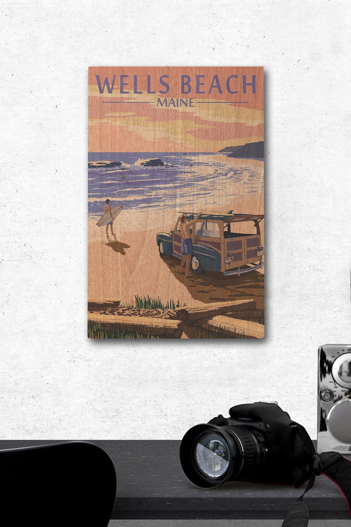 Wells Beach, Maine, Woody & Surfer on Beach, Lantern Press Artwork, Wood Signs and Postcards Wood Lantern Press 12 x 18 Wood Gallery Print 