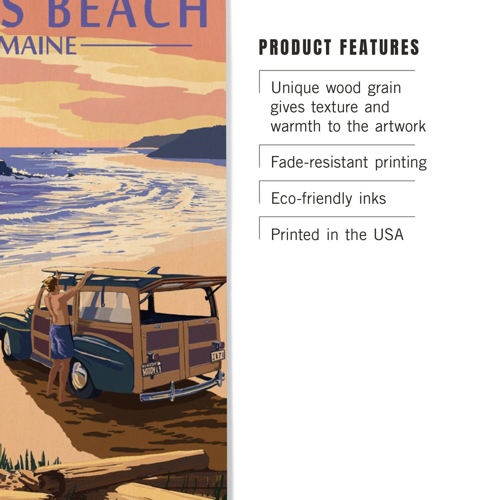 Wells Beach, Maine, Woody & Surfer on Beach, Lantern Press Artwork, Wood Signs and Postcards Wood Lantern Press 
