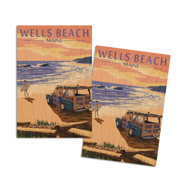 Wells Beach, Maine, Woody & Surfer on Beach, Lantern Press Artwork, Wood Signs and Postcards Wood Lantern Press 4x6 Wood Postcard Set 