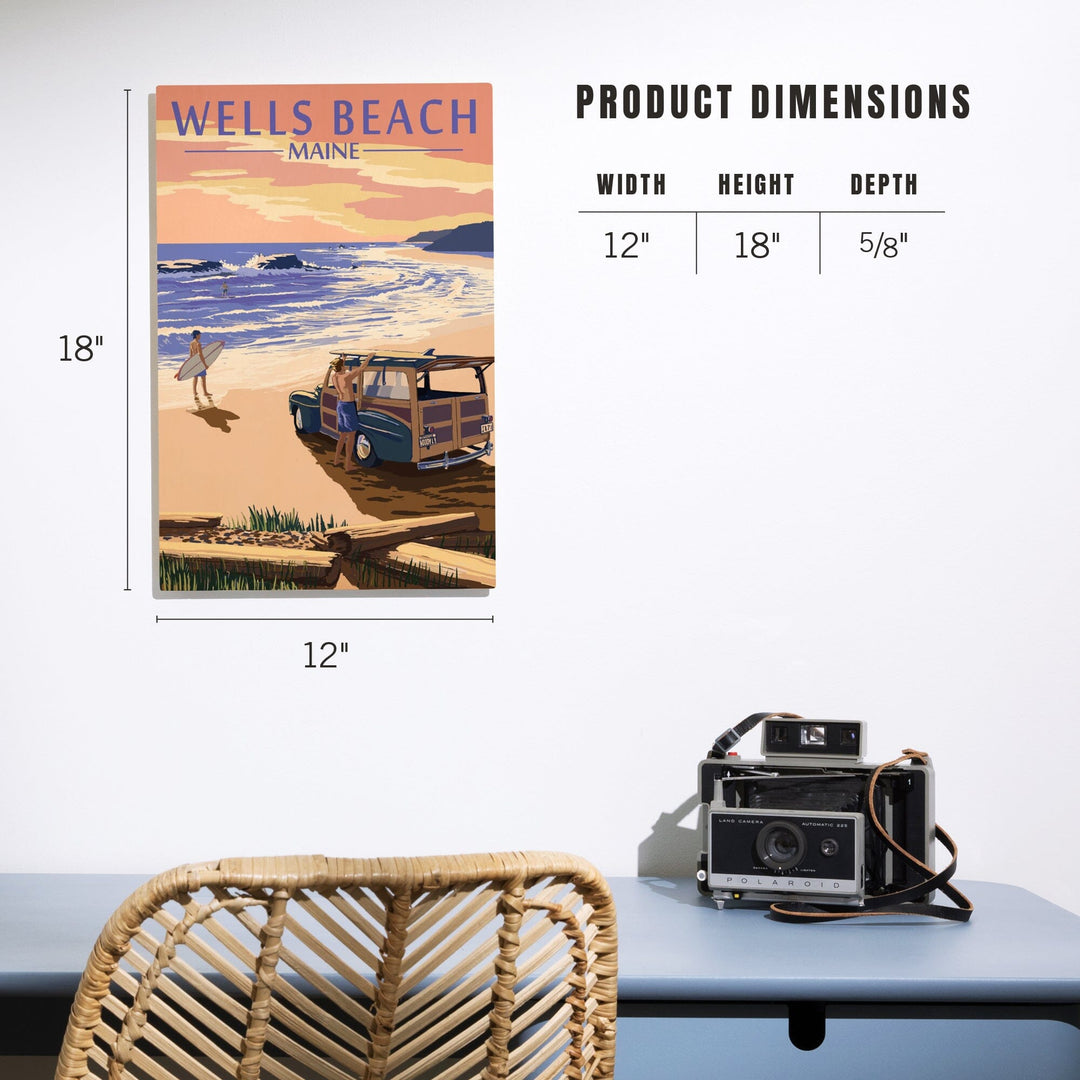 Wells Beach, Maine, Woody & Surfer on Beach, Lantern Press Artwork, Wood Signs and Postcards Wood Lantern Press 