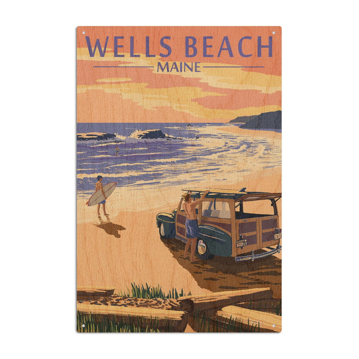 Wells Beach, Maine, Woody & Surfer on Beach, Lantern Press Artwork, Wood Signs and Postcards Wood Lantern Press 6x9 Wood Sign 