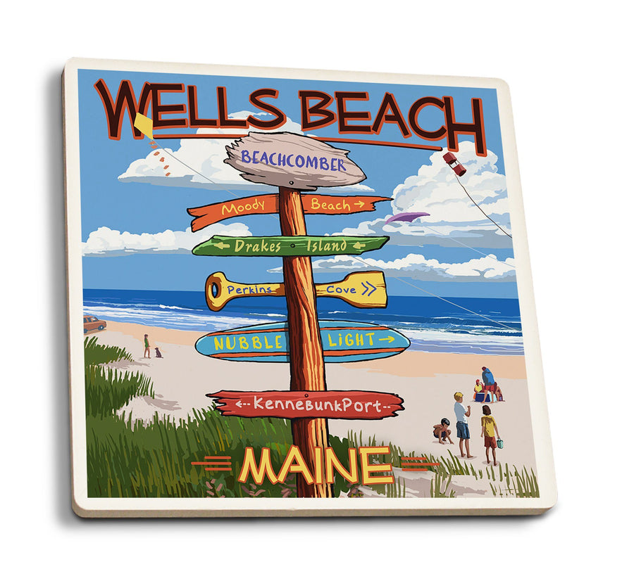 Wells, Maine, Wells Beach, Signpost, Lantern Press Artwork, Coaster Set Coasters Lantern Press 