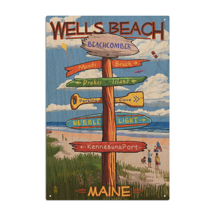 Wells, Maine, Wells Beach, Signpost, Lantern Press Artwork, Wood Signs and Postcards Wood Lantern Press 10 x 15 Wood Sign 