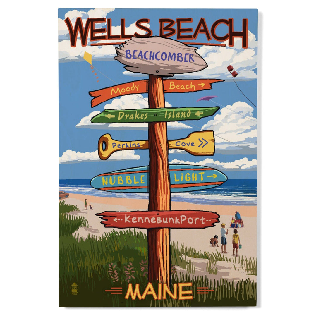 Wells, Maine, Wells Beach, Signpost, Lantern Press Artwork, Wood Signs and Postcards Wood Lantern Press 
