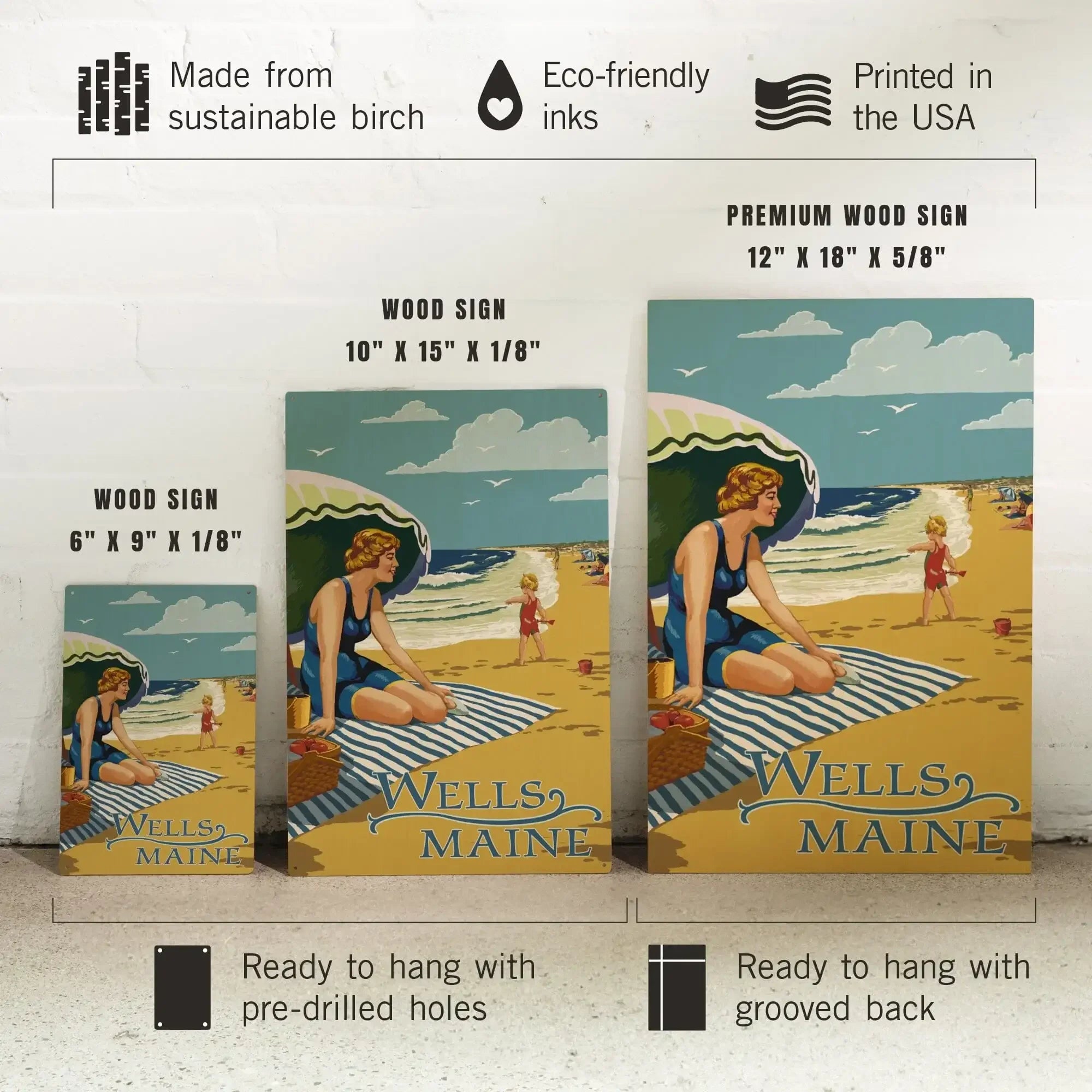 Wells, Maine, Woman on Beach, Lantern Press Artwork, Wood Signs and Po