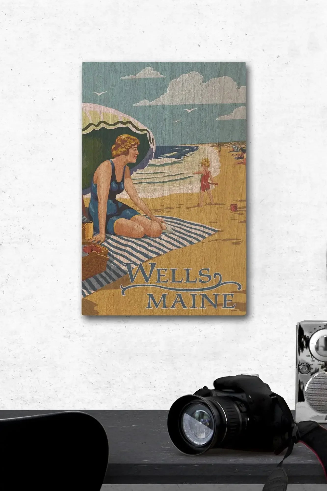 Wells, Maine, Woman on Beach, Lantern Press Artwork, Wood Signs and Po