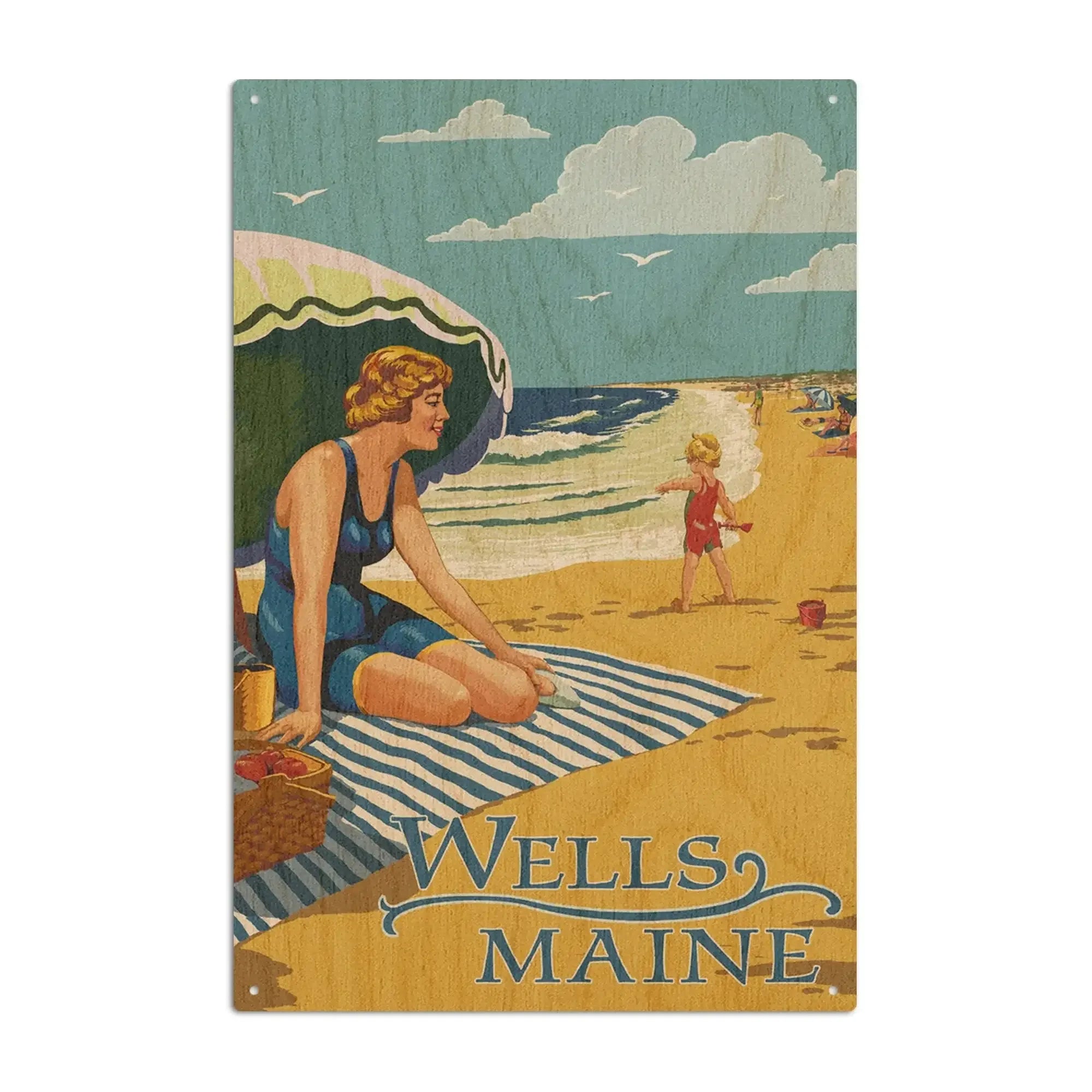USA ストリート看板　Wells AV Wells, Maine, Woman on Beach, Lantern Press Artwork, Wood Signs and Po