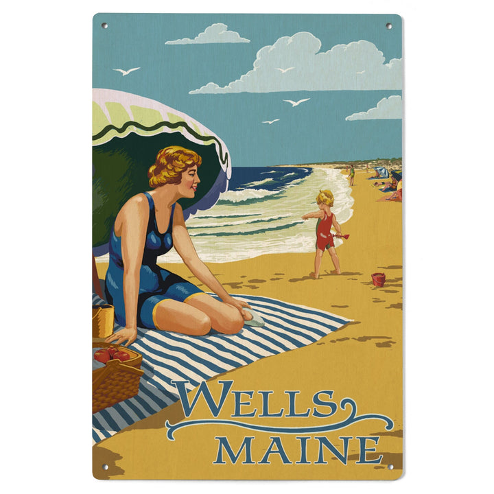 Wells, Maine, Woman on Beach, Lantern Press Artwork, Wood Signs and Postcards Wood Lantern Press 