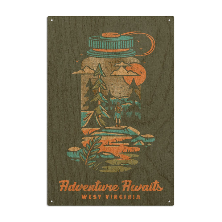 West Virginia, Adventure Awaits, Water Bottle, Lantern Press Artwork, Wood Signs and Postcards Wood Lantern Press 6x9 Wood Sign 