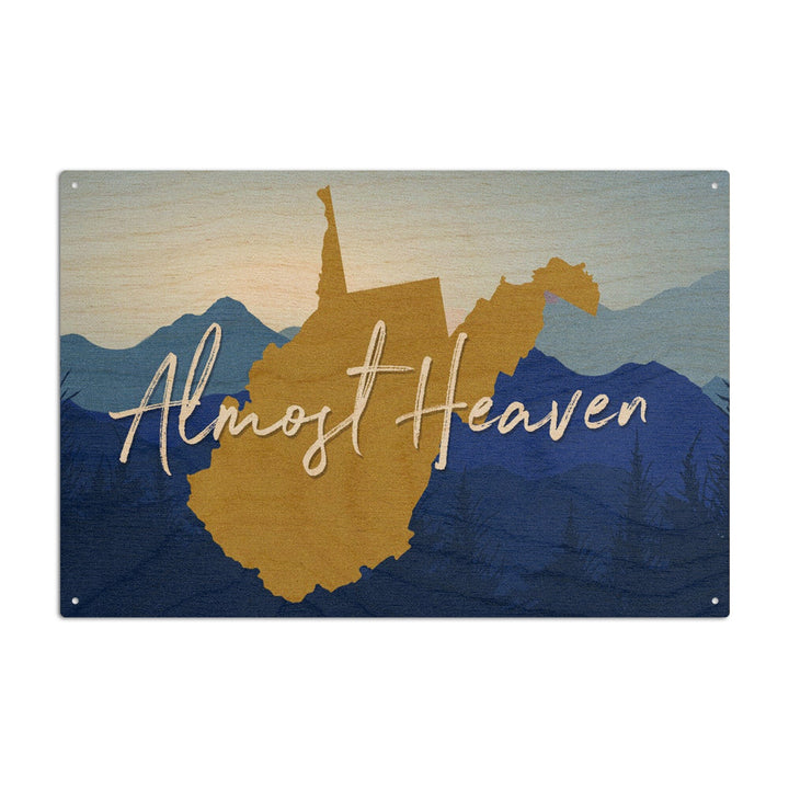 West Virginia, Almost Heaven, State Silhouette & Mountains, Blue & Gold, Lantern Press Artwork, Wood Signs and Postcards Wood Lantern Press 10 x 15 Wood Sign 