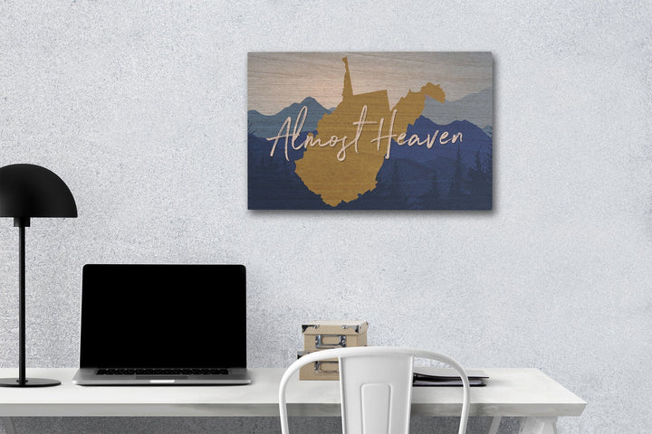 West Virginia, Almost Heaven, State Silhouette & Mountains, Blue & Gold, Lantern Press Artwork, Wood Signs and Postcards Wood Lantern Press 12 x 18 Wood Gallery Print 