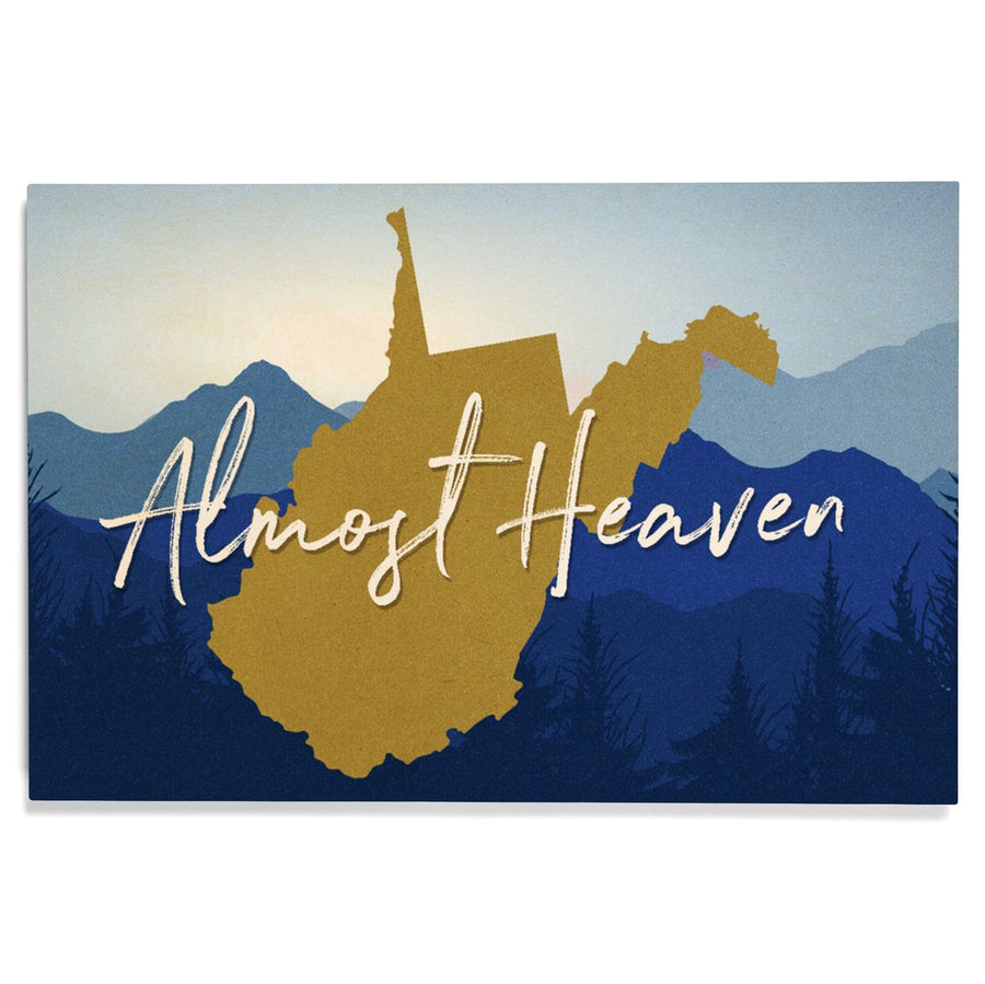West Virginia, Almost Heaven, State Silhouette & Mountains, Blue & Gold, Lantern Press Artwork, Wood Signs and Postcards Wood Lantern Press 