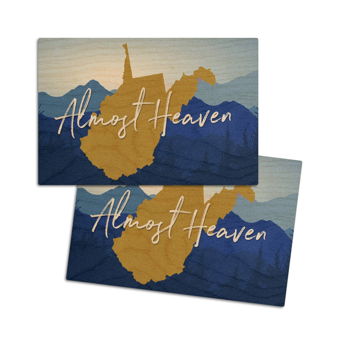 West Virginia, Almost Heaven, State Silhouette & Mountains, Blue & Gold, Lantern Press Artwork, Wood Signs and Postcards Wood Lantern Press 4x6 Wood Postcard Set 