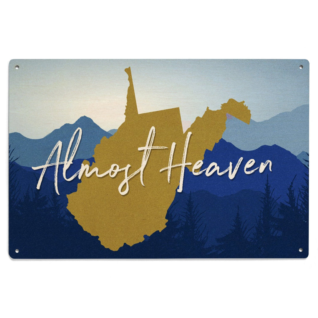 West Virginia, Almost Heaven, State Silhouette & Mountains, Blue & Gold, Lantern Press Artwork, Wood Signs and Postcards Wood Lantern Press 