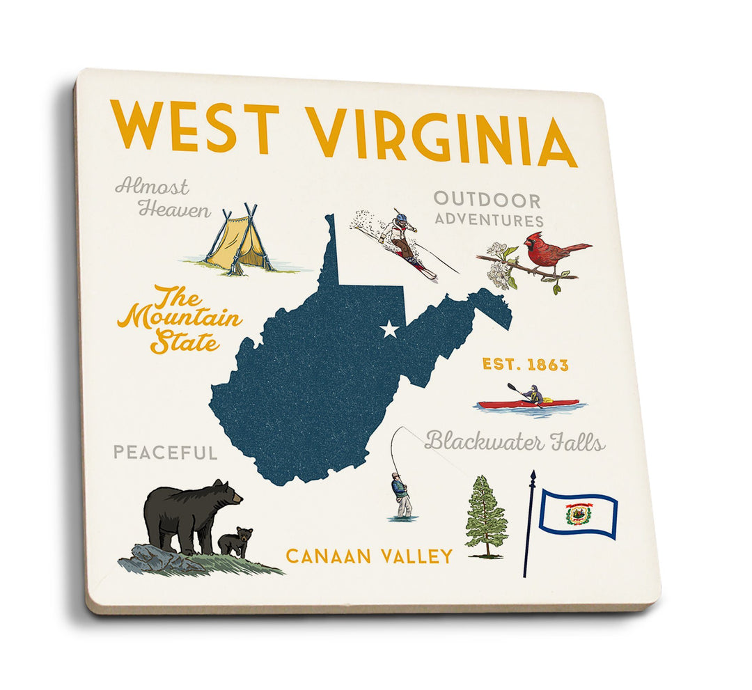 West Virginia, The Mountain State, Typography & Icons, Lantern Press Artwork, Coaster Set Coasters Lantern Press 