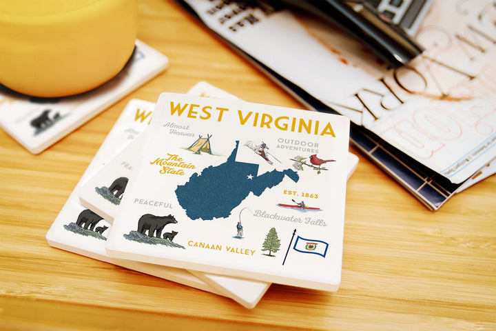 West Virginia, The Mountain State, Typography & Icons, Lantern Press Artwork, Coaster Set Coasters Lantern Press 