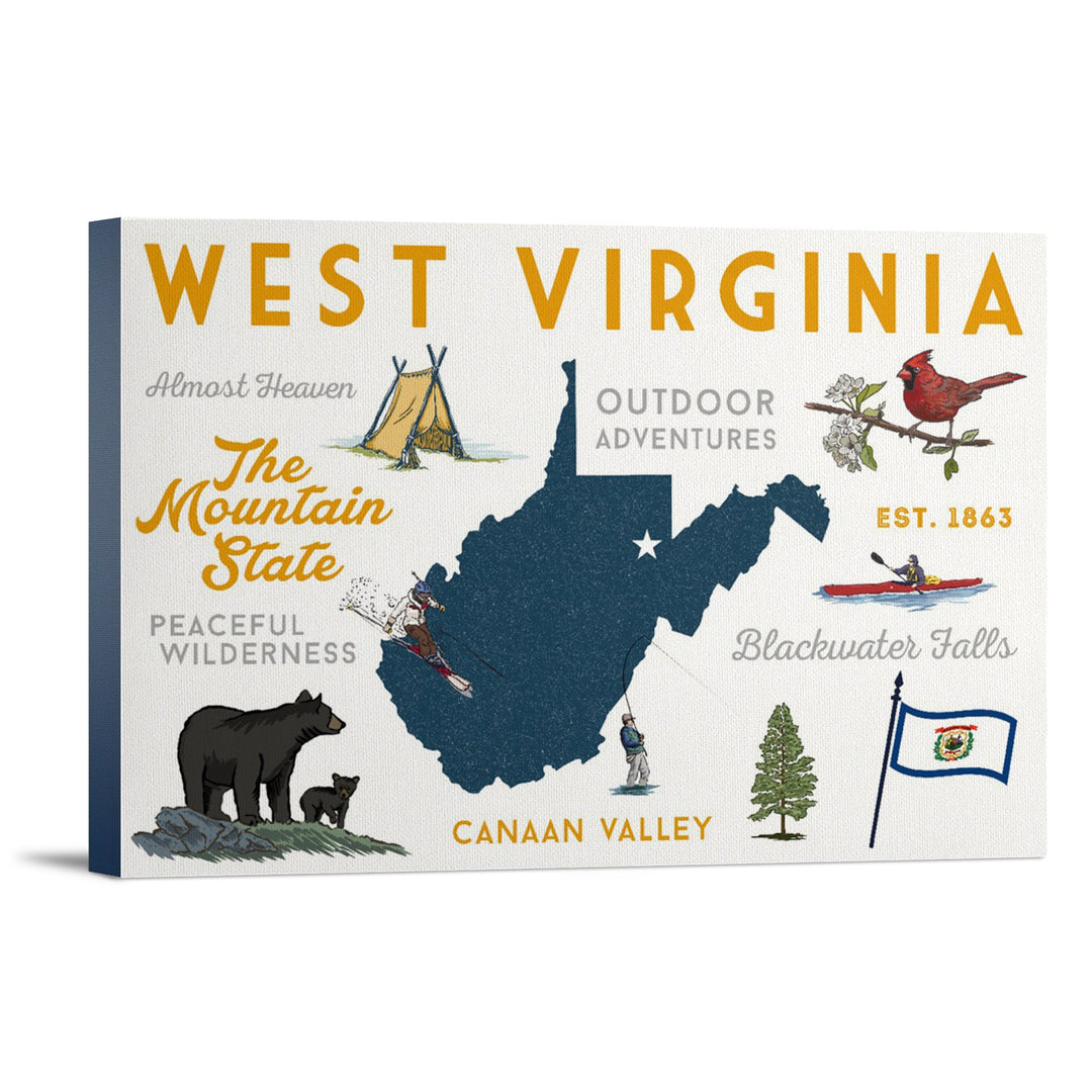 West Virginia, The Mountain State, Typography & Icons, Lantern Press Artwork, Stretched Canvas Canvas Lantern Press 12x18 Stretched Canvas 