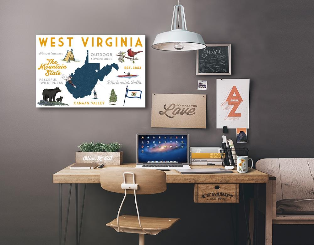 West Virginia, The Mountain State, Typography & Icons, Lantern Press Artwork, Stretched Canvas Canvas Lantern Press 